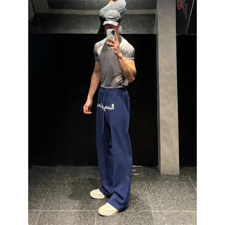 藏青色阿拉伯文裤子男款美式健身篮球运动卫裤直筒微喇裤HW39P45,男装休闲裤,星座1112-1