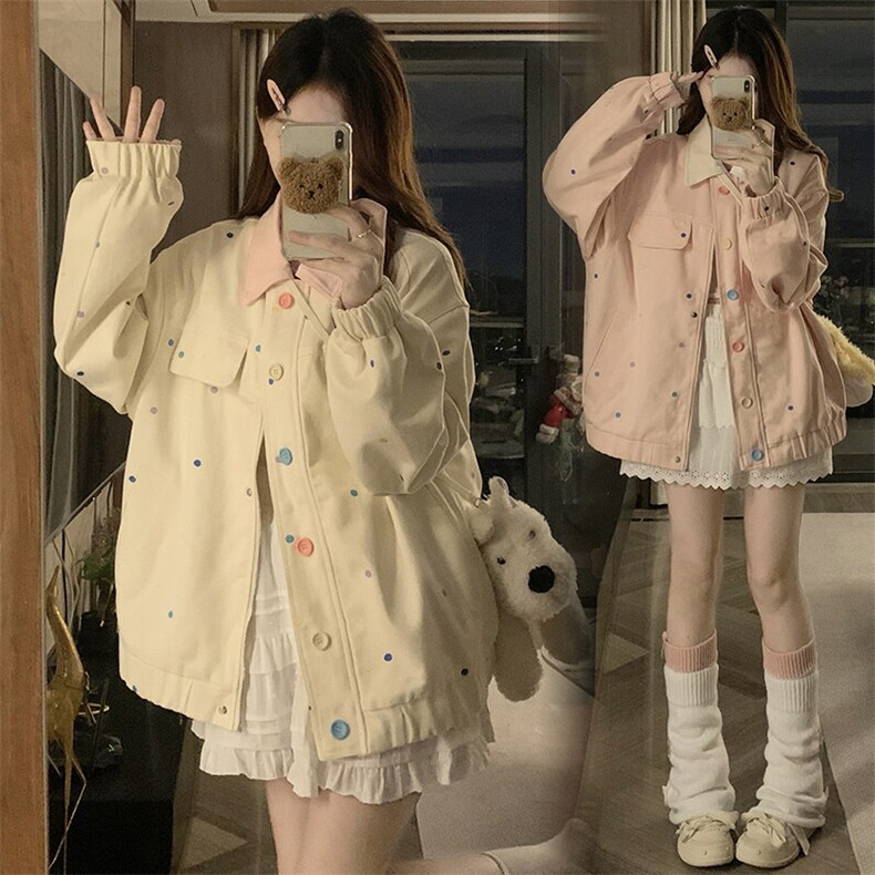 C966-P115 2025春季新款彩色波点夹克上衣春秋开衫牛仔外套图片