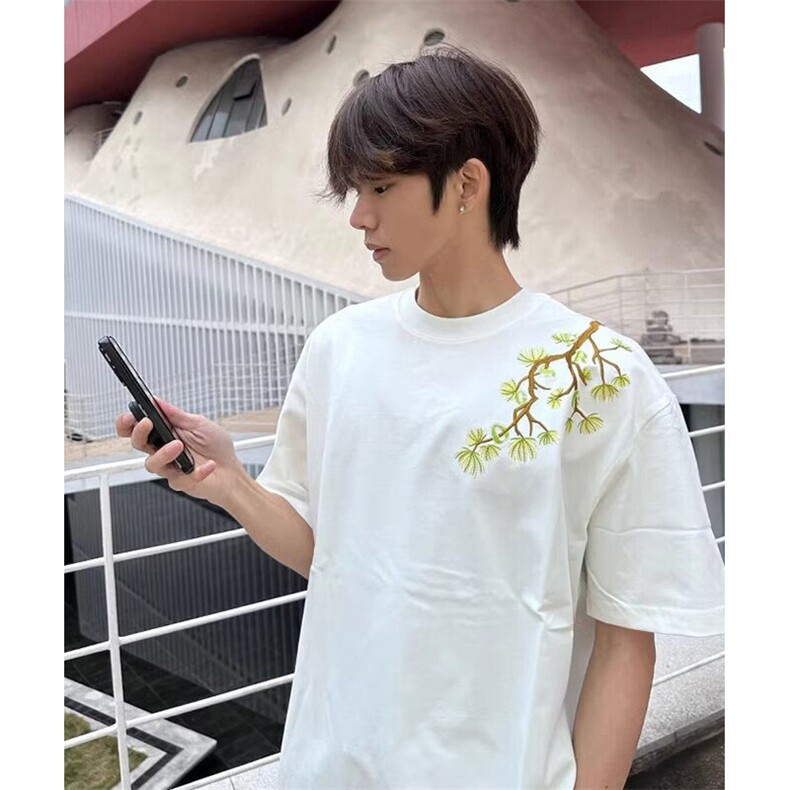 万针全刺绣工艺高品质260克双纱纯棉美式高街罗汉松短袖T恤特P33,男装T恤,电商A486