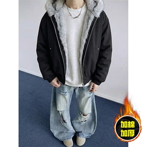 现货高品质美式高街冬季重磅狼王座山雕毛毛领棉衣男女款加厚外套图片
