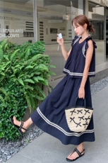 藏青色小飞袖上衣套装裙女2025年夏季新款气质高级感半身裙两件套，女装套装/套裙，2C206