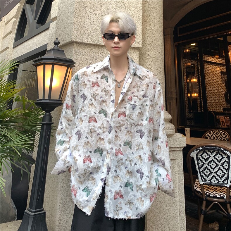 潮复古蝴蝶流苏毛边长袖衬衫男女情侣小众设计高级感衬衣特p48,男装衬衫,电商C307A