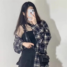 现货早春新款美式复古蓝色格子衬衫女款长袖衬衣外套上衣春季穿搭，男装衬衫，星座302B-2
