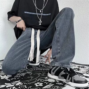 男士牛仔裤潮牌ins抽绳阔腿拖地裤青年百搭坠感直筒长裤NK310-p43图片
