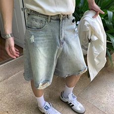 2025时尚美式潮牌夏季做旧水洗破洞牛仔短款男痞帅休闲宽松五分裤，男装牛仔裤，星座506A