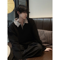 格子假两件polo翻领卫衣男ins潮流长袖打底衫套头上衣LQ1088-P36，男装T恤，星座1008