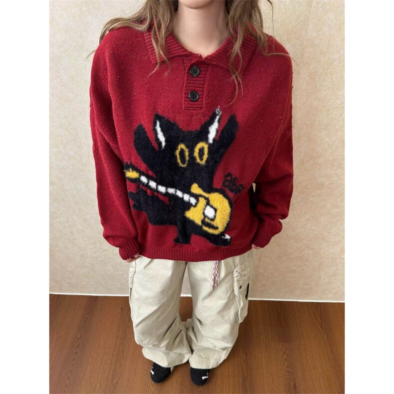 美式复古猫咪提花polo领毛衣男女秋冬季宽松休闲软糯慵懒针织衫潮，男装针织衫/毛衣，星座506A