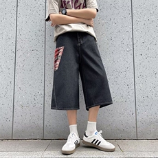 大口袋格纹拼接牛仔七分裤女2025夏新款休闲直筒中裤子RK2940-P45，男装牛仔裤，星座412-2