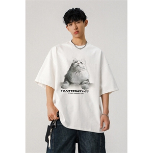 706-T5331-P28特P260克重磅现货夏季猫咪印花短袖T恤情侣潮