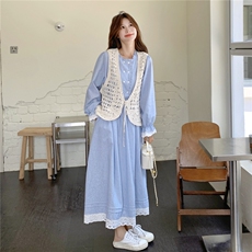 现货蕾丝花边拼接条纹连衣裙马甲套装25083P165K248，女装套装/套裙，2D035