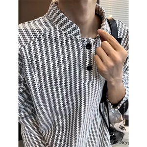 小香风鱼骨条纹无帽卫衣男款美式亨利领长袖t恤高级感内搭打底衫图片