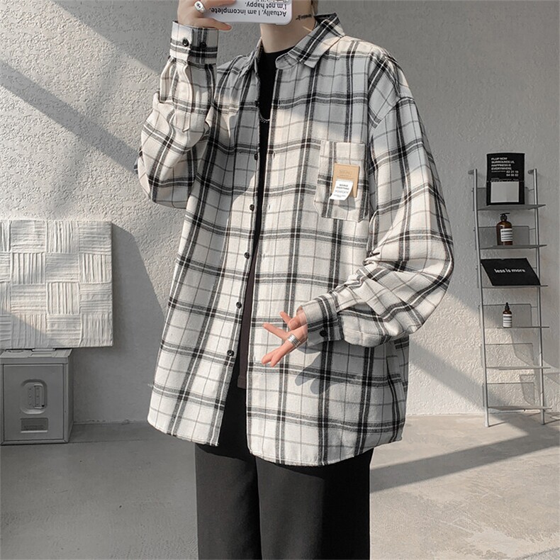 衬衫男春季新款港风磨毛宽松长袖格子衬衣CS521-P38,男装衬衫,星座214-3