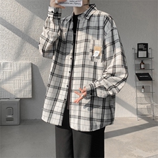 衬衫男春季新款港风磨毛宽松长袖格子衬衣CS521-P38，男装衬衫，星座214-3