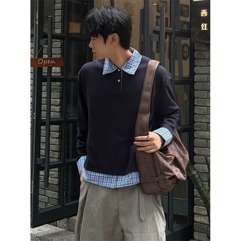 格纹拼接假两件polo领卫衣男秋季cleanfit高级感系长袖t恤KT49,男装T恤,星座1116A（原606A-3）