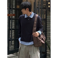 格纹拼接假两件polo领卫衣男秋季cleanfit高级感系长袖t恤KT49，男装T恤，星座1116A（原606A-3）