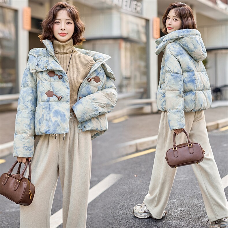 独特超好看扎染印花短款羽绒服女2024冬季新款时尚保暖白鸭绒外套，女装羽绒服，润尚靓点