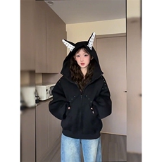 抖音得物高品质26春装美式高街铆钉杜宾犬耳朵开衫卫衣外套W125，女装短外套，电商A486