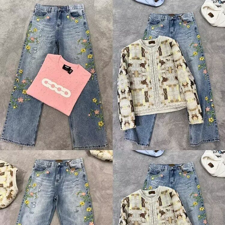 美式复古花卉刺绣设计感牛仔裤男女高街小众破洞直筒百搭阔腿裤子,男装牛仔裤,星座506A