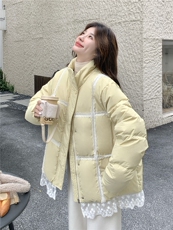 奶黄色蕾丝花边羽绒服女2025冬季新款韩系超好看加厚90白鸭绒外套，女装羽绒服，2C056