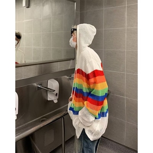 美式撞色镂空连帽针织开衫男防晒罩衫多巴胺春秋图片
