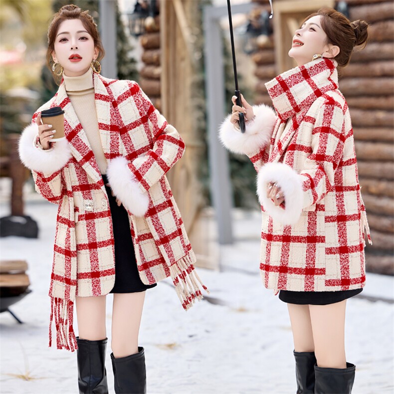 小香风羽绒服女中长款2024冬季新款超好看设计感格子西装毛呢外套，女装羽绒服，辉煌依升