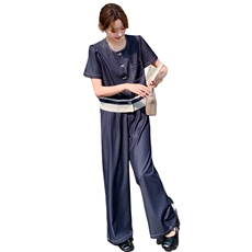 深蓝色蕾丝拼接短袖上衣阔腿裤套装女2025夏新款韩系慵懒风两件套，女装套装/套裙，2C177