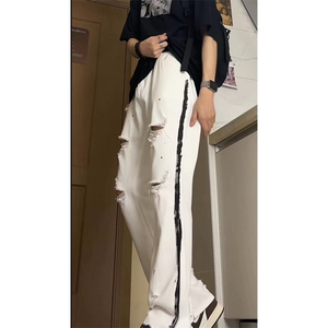 新中式夏季美式ins高街hiphop破洞喷漆牛仔休闲长裤货号K739P65图片
