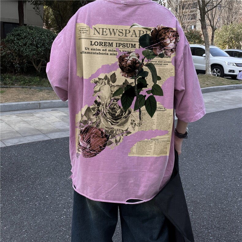 重磅美式复古玫瑰海报水洗做旧磨破工艺短袖XZ301B-JB4203-P40,男装T恤,星座301B