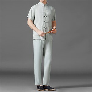 中老年男棉麻短袖中式唐装男风夏季亚麻套装MJ7302-P100图片