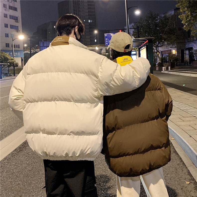 情侣装冬装PU软皮美式撞色棉服logo棉衣休闲外套男女G1102P128,男装棉衣,电商A339