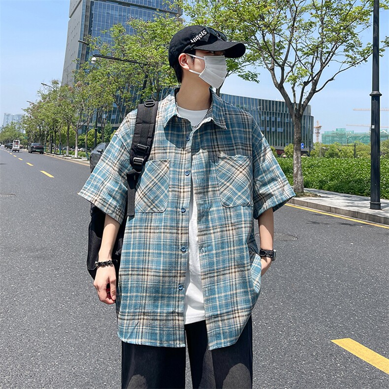 文艺格子衬衫男士短袖韩版潮流2024秋夏新款ins宽松外套CY807-P34,男装衬衫,星座412-3
