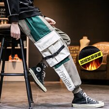 2019冬季新日系男拼接工装束脚加绒加厚长裤休闲裤K2871-P75，男装休闲裤，电商A001