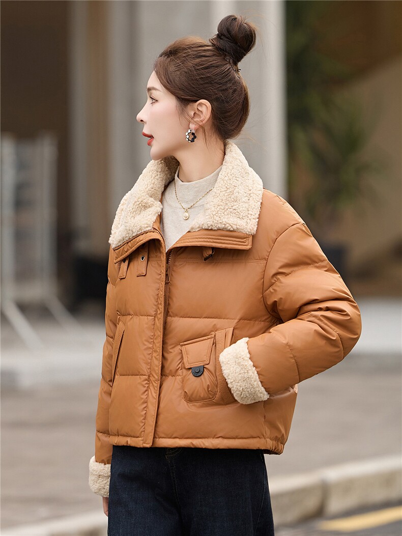 时尚羊羔毛翻领PU皮短款羽绒服女2025冬季新款宽松保暖白鸭绒外套,女装羽绒服,沐七七