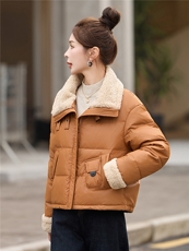 时尚羊羔毛翻领PU皮短款羽绒服女2025冬季新款宽松保暖白鸭绒外套，女装羽绒服，沐七七