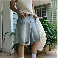 美式潮牌夏季水洗做旧破洞牛仔短裤男复古嘻哈直筒宽松五分裤子，男装牛仔裤，星座506A