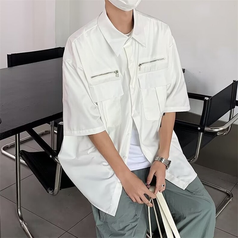 新款港风工装多口袋短袖衬衣男女潮大码外套衬衫男CS0229-P43,男装衬衫,星座308B-2