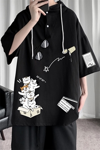 LD54115-P45 连帽短袖t恤男大码胖子带帽五分袖中袖图片