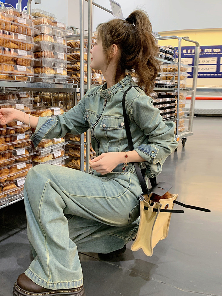 （新款现货）2026春装时尚休闲复古色立领拉链工装阔腿牛仔连体裤,女装连体裤,印象茜