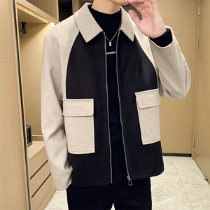 男新款呢子大衣秋冬妮子毛呢拼色宽松夹克外套A236-JK-5051-P100图片