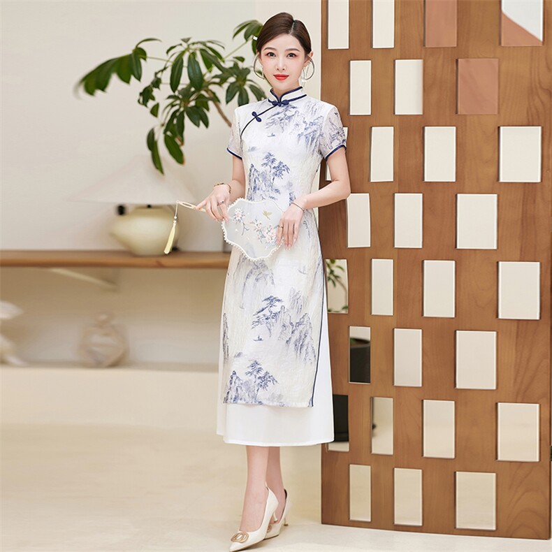 中长款旗袍短袖丝绸优雅2025年春季高开衩,女装汉服/婚纱/旗袍/礼服,小荷流