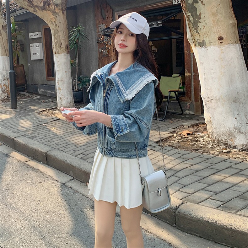 港风甜美蕾丝拼接牛仔外套女小个子2025春季新款短款钉珠翻领上衣,女装牛仔外套,蝶眷