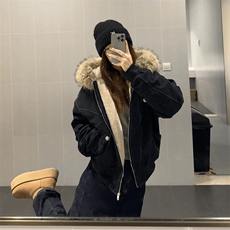 现货重磅boxy短款棉衣座山雕大毛毛领男女棉服水洗工装厚外套，男装棉衣，电商A443