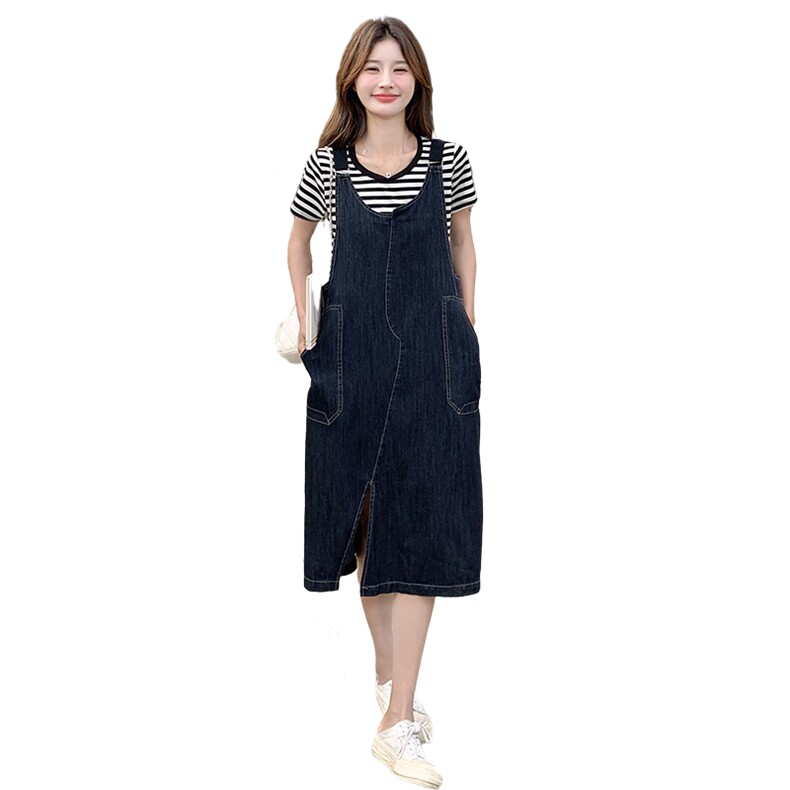 减龄条纹T恤宽松牛仔背带裙套装女2025夏季新款设计感小众两件套,女装套装/套裙,2C269