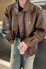 港风美式复古四芒星纽扣可拆卸胸针PU皮衣夹克男JK77771P85控118，男装夹克，星座226-1