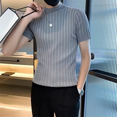 高质量夏季日系男条纹针织半高领T恤短袖修身纯色打底衫紧身上衣，男装T恤，星座1013