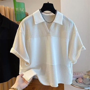 大码300斤V领Polo衫上衣女夏季薄款韩版显瘦宽松休闲遮肉短袖T恤图片