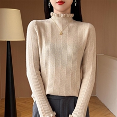 荷叶边高领设计感小众秋冬新款半高领毛衣女加厚保暖羊毛打底衫，女装羊毛衫，盛鼎羊绒