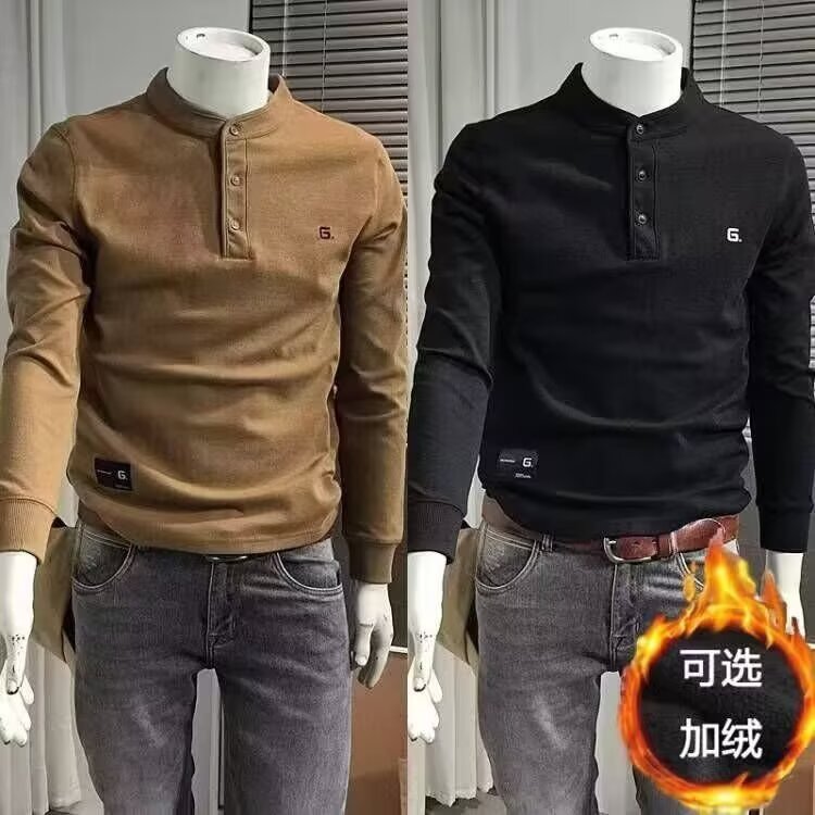 欧洲站秋冬新款帅气卫衣男潮休闲简约纯色刺绣潮男亨利领长袖T恤,男装T恤,星座506A