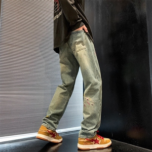 春秋季美式街头刺绣泼墨水洗做旧牛仔裤男潮牌百搭宽松休闲直筒裤图片