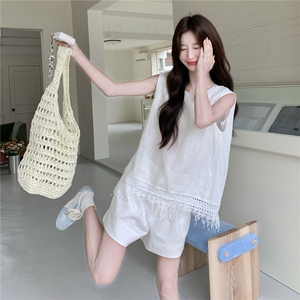 白色休闲简约流苏无袖背心套装女亚麻棉时尚减龄短裤两件套图片